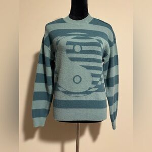 EUC Witty Fox Blue Yin Yang Graphic Striped Sweater size small